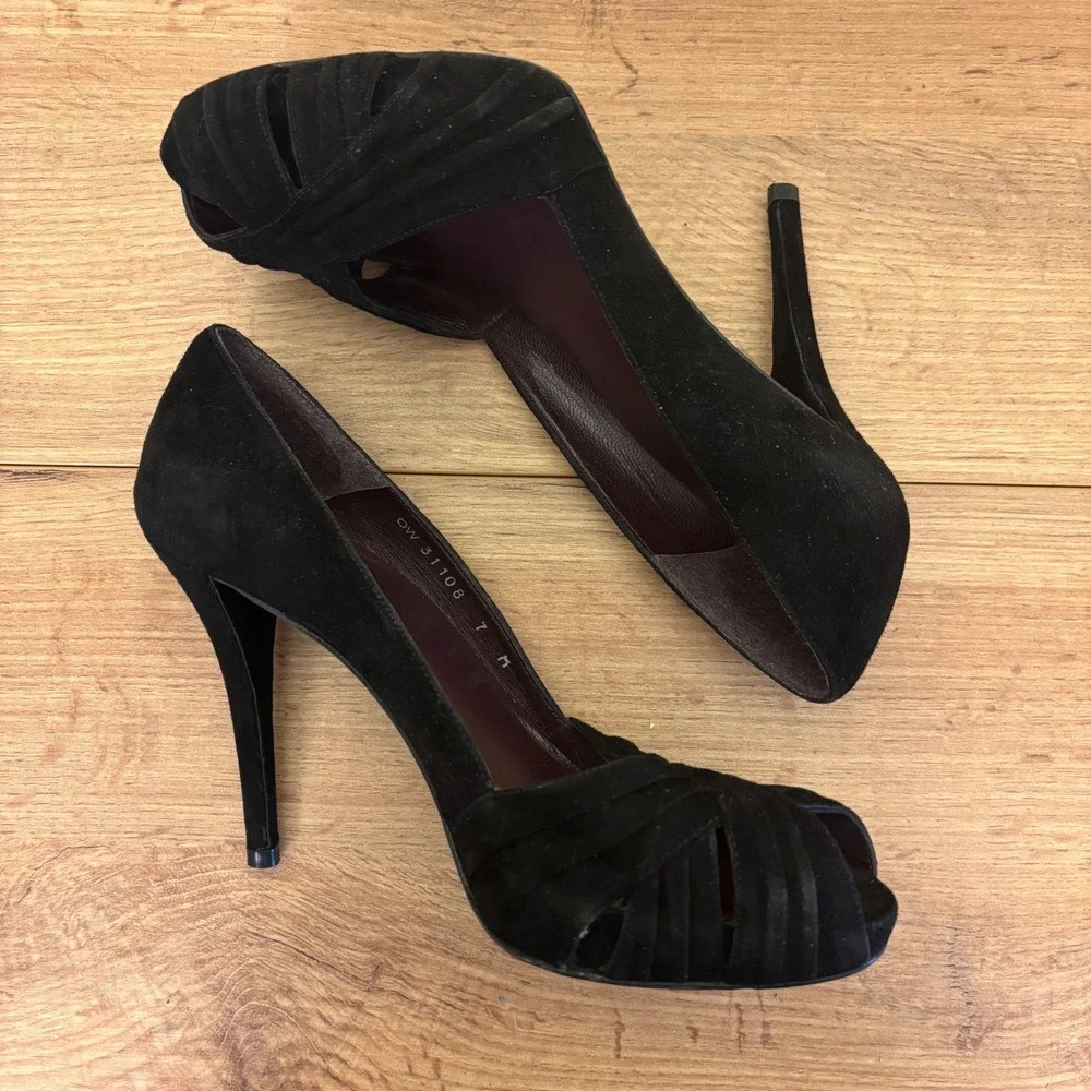 STUART WEITZMAN Suede D'Orsay Peep Toe Pumps Black Women Size 7 Formal‎ Stiletto